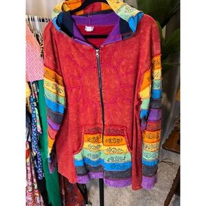 Greater Good Network Boho Patchwork Sun Embroidery Zip Up Hoodie Red Multi L